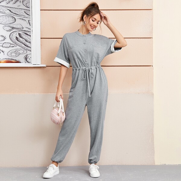 

Drop Shoulder Buttoned Pocket Front Drawstring Waist Jumpsuit, Grey