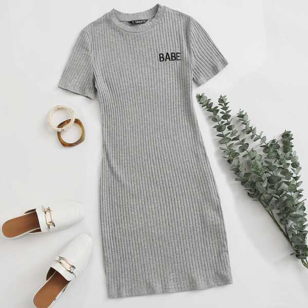 

Letter Embroidery Rib-knit Dress, Grey