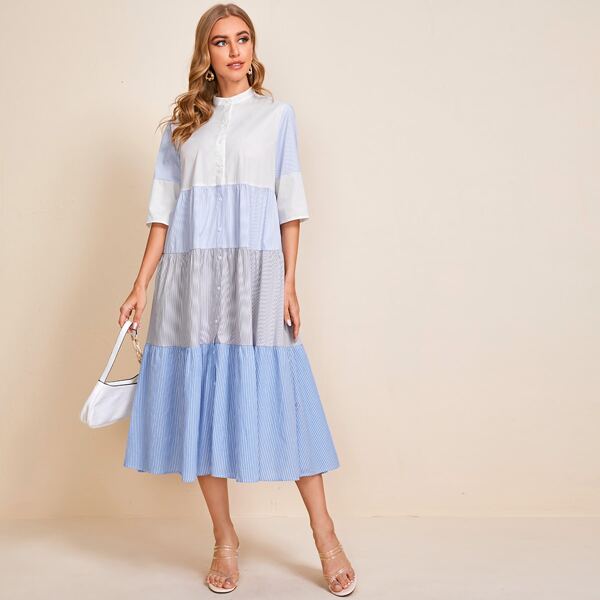 

Mock-Neck Buttoned Front Colorblock Striped Dress, Multicolor