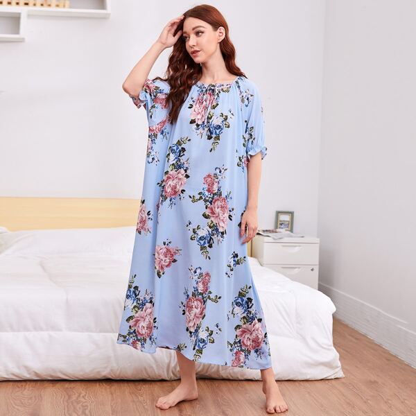 

Raglan Sleeve Knot Front Ruffle Trim Floral Nightdress, Baby blue