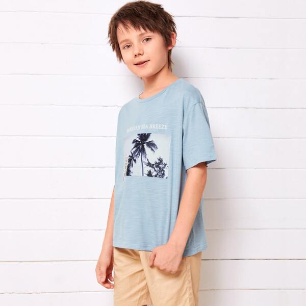 

Boys Drop Shoulder Slogan Graphic Print Tee, Dusty blue