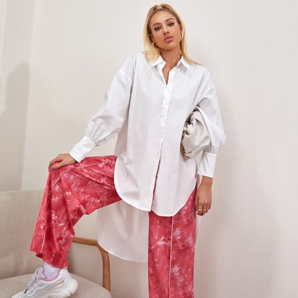 

Button Front High Low Hem Top, White