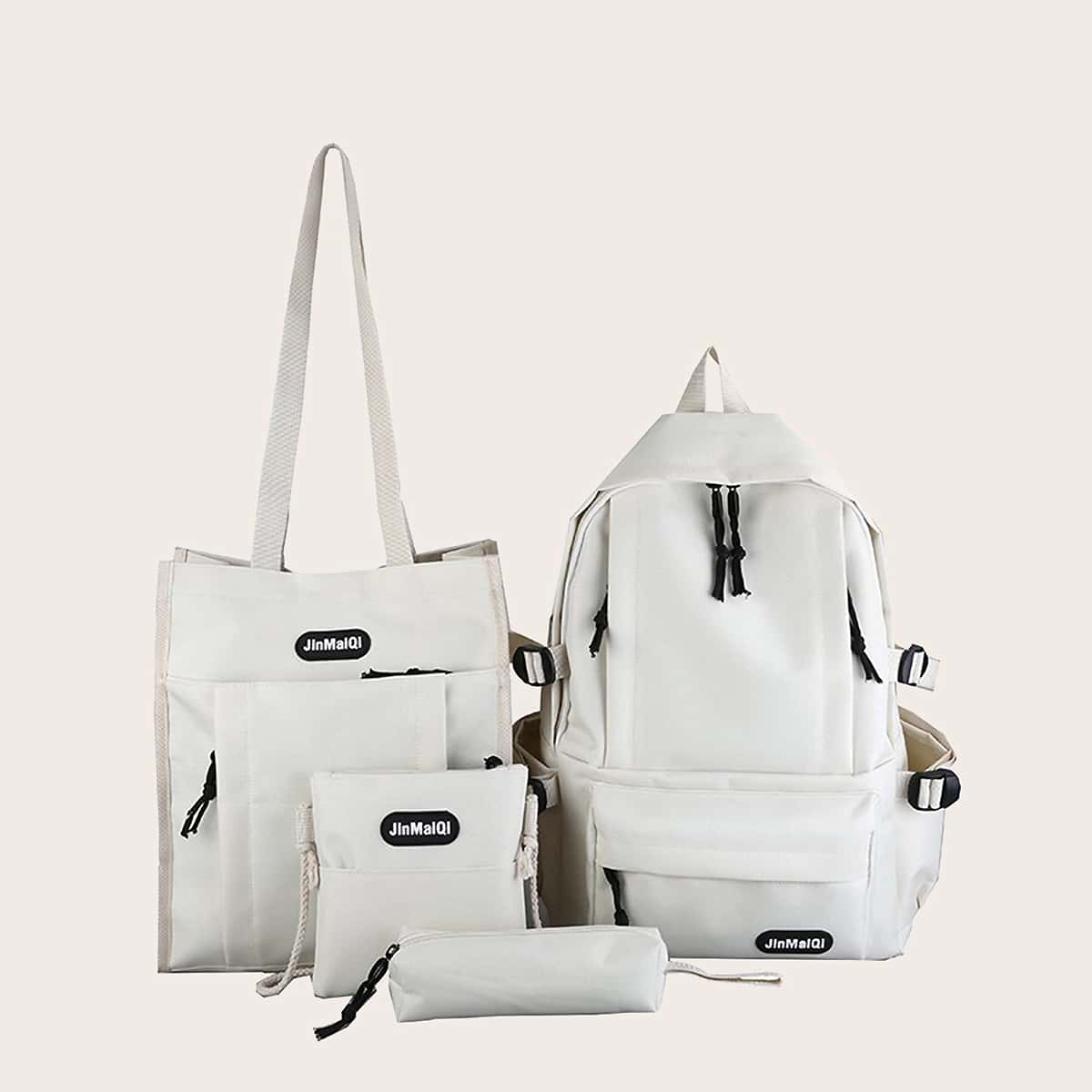 

4pcs Letter Patch Canvas Backpack With Pencil Case, White