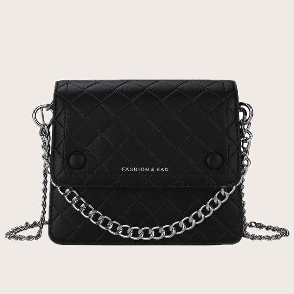 

Chain Handle Quilted Satchel Bag, Black