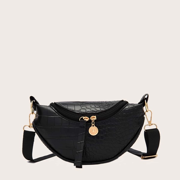 

Zip Front Croc Embossed Shoulder Bag, Black