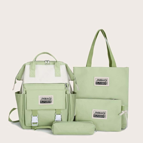 

4pcs Letter Graphic Backpack With Tote Bag, Green