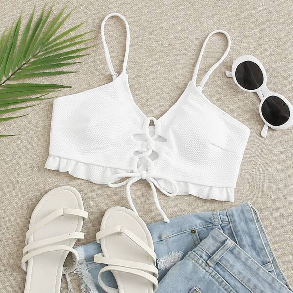 

Textured Tie Front Ruffle Hem Bikini Top, White