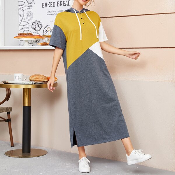 

Drawstring Detail Split Hem Half Placket Colorblock Hooded Dress, Multicolor