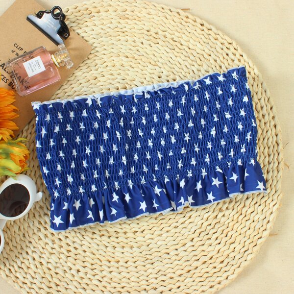 

Star Print Smocked Ruffle Hem Bandeau Bikini Top, Navy blue
