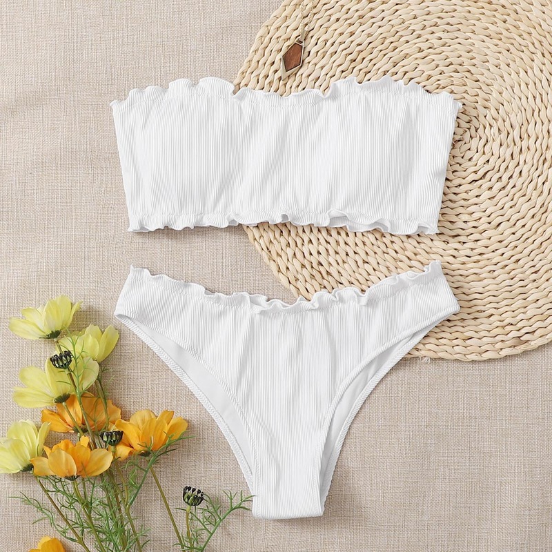 

Rib Lettuce Trim Bandeau Bikini Swimsuit, White
