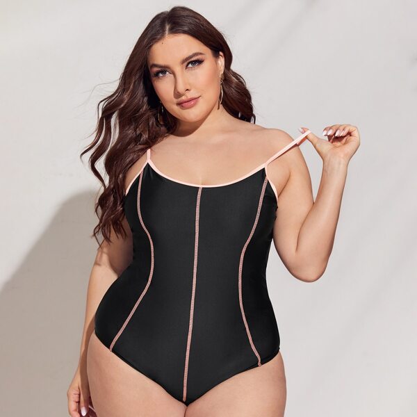 

Plus Contrast Binding One Piece Swimsuit, Black
