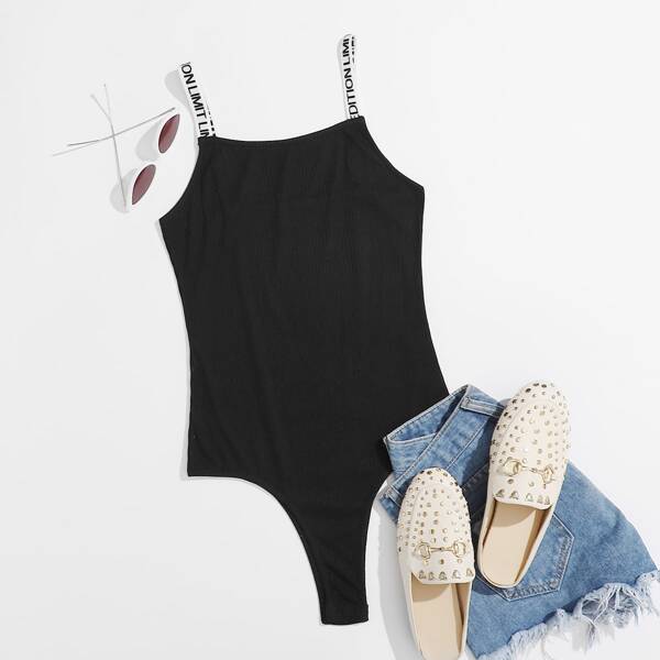 

Letter Tape Fitted Cami Bodysuit, Black