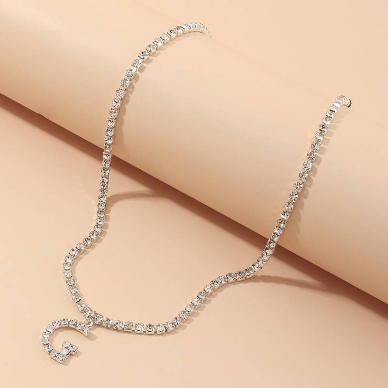 

Letter Charm Rhinestone Decor Necklace, Silver