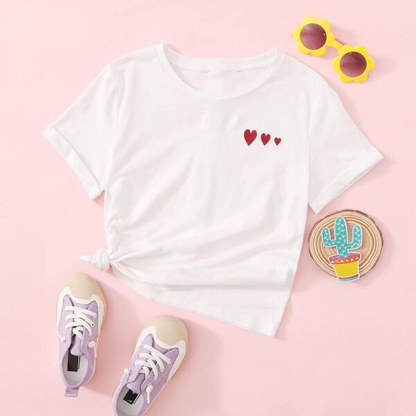 

Girls Heart Embroidered Cuffed Button Back Tee, White