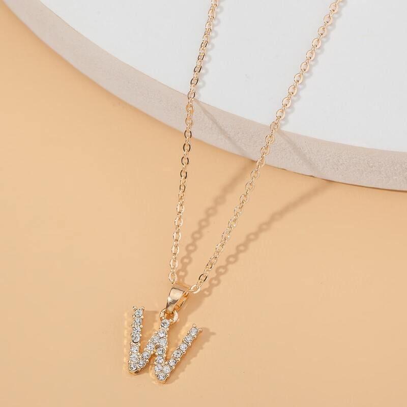 

Letter Charm Rhinestone Decor Necklace, Gold