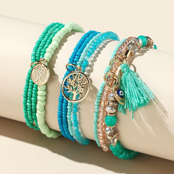 

3pcs Eye Tassel Beaded Bracelet, Green