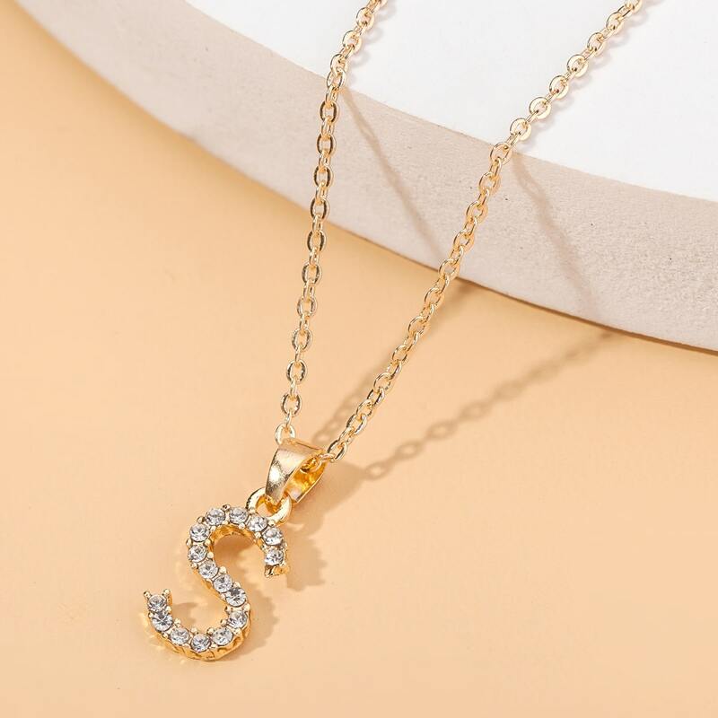 

Letter Charm Rhinestone Decor Necklace, Gold