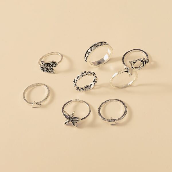 

8pcs Hollow Out Heart Ring, Silver