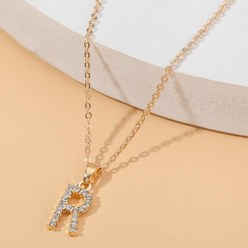 

Letter Charm Rhinestone Decor Necklace, Gold