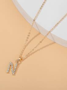 Collar grabado con diamante de imitación con letra - Amarillo Oro - Ver 1