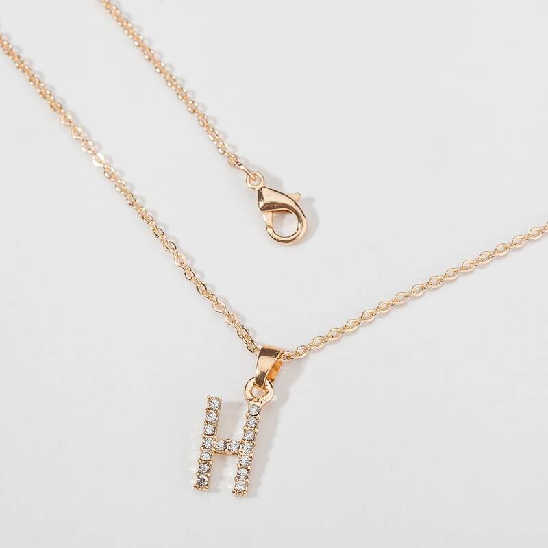 

Letter Charm Rhinestone Decor Necklace, Gold