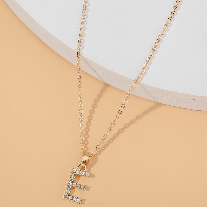 

Letter Charm Rhinestone Decor Necklace, Gold