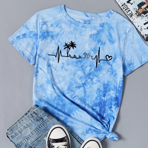 

Tie Dye ECG Print Tee, Blue