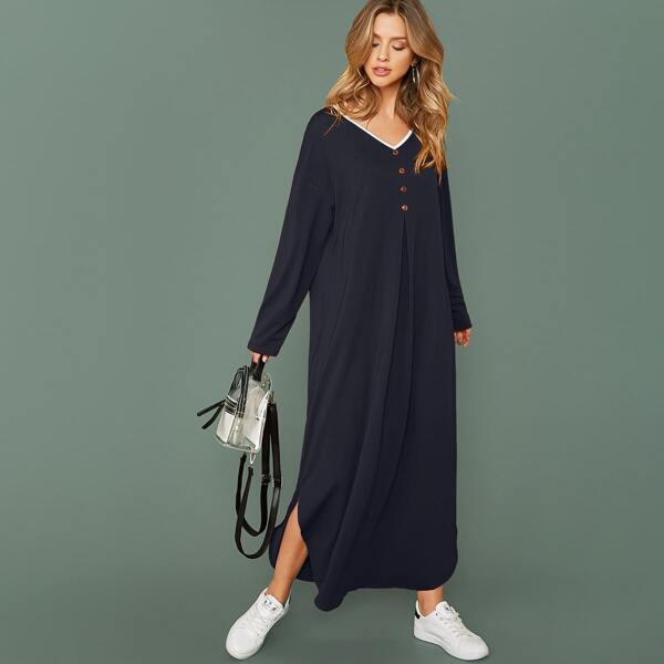 

Contrast V-neck Split Hem Tee Dress, Navy blue
