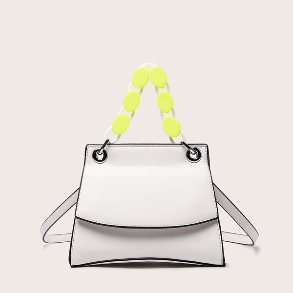 

Neon Handle Flap Satchel Bag, White