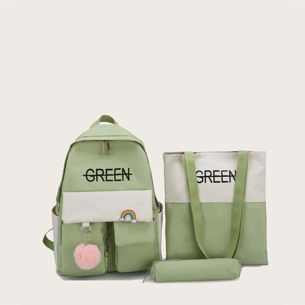 

3pcs Girls Letter Graphic Backpack With Tote Bag, Green