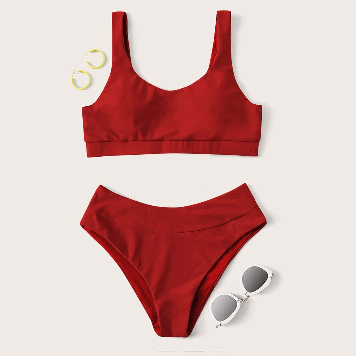 

Solid Scoop Neck Bikini Swimsuit, Red