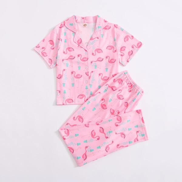 

Girls Cartoon Flamingo Print Pants PJ Set, Baby pink