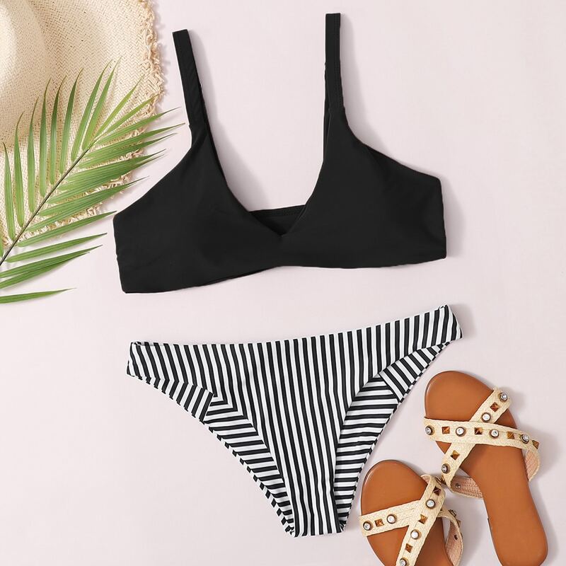 

Striped Cheeky Bikini Swimsuit, Black