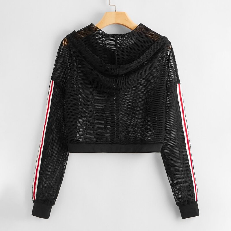 

Side Stripe Fishnet Hooded Jacket, Black