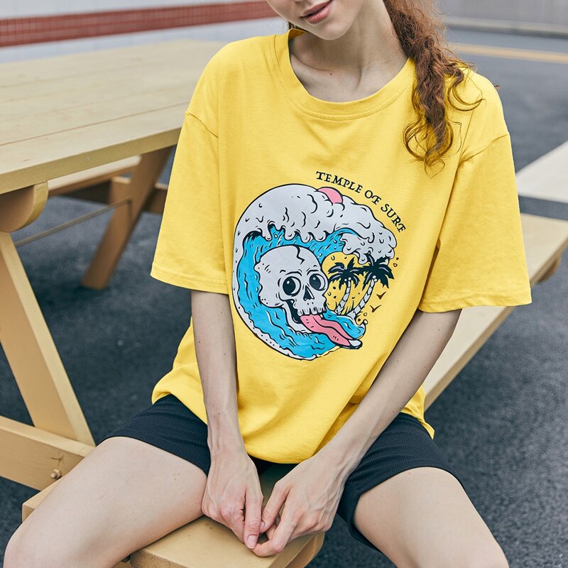 

Skull & Wave Graphic Oversized Tee, Yellow