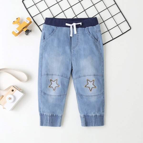 

Toddler Girls Star Embroidery Drawstring Waist Jeans, Light wash