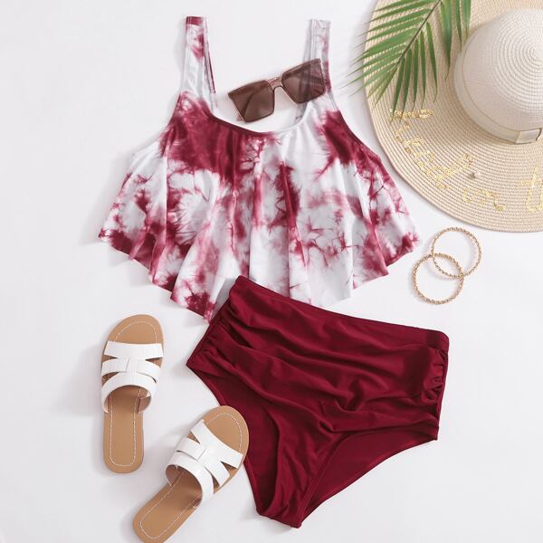 

Tie Dye Hanky Hem Ruched Bikini Swimsuit, Burgundy