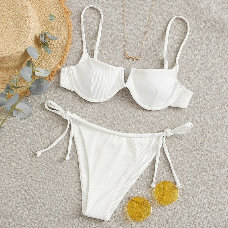 

Rib V Wired Underwire Tie Side Bikini Swimsuit, White