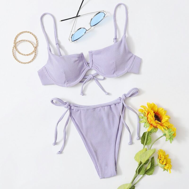 

Rib V Wired Underwire Tie Side Bikini Swimsuit, Pastel lilac purple