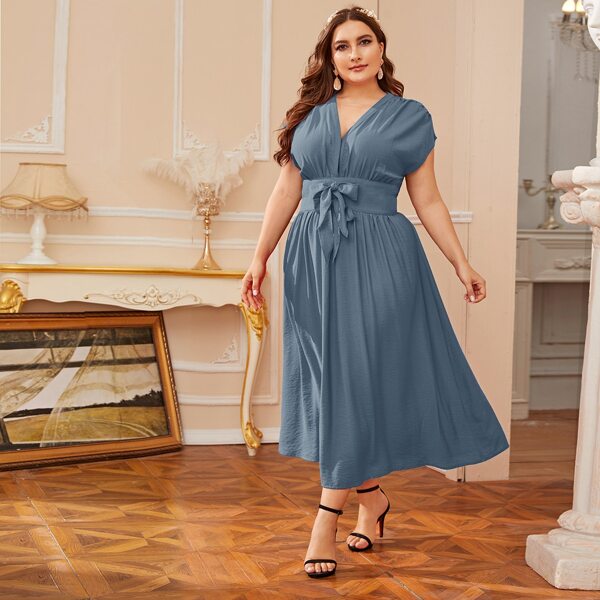 

Plus Ruched Shoulder Bow Front Dress, Dusty blue