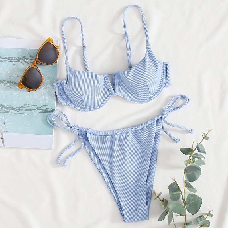 

Rib V Wired Underwire Tie Side Bikini Swimsuit, Pastel baby blue