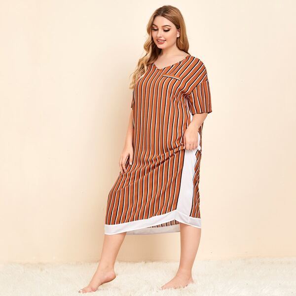 

Plus Drop Shoulder Contrast Panel Striped Nightdress, Burnt orange