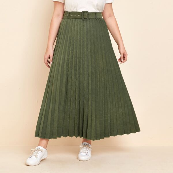 

Plus Buckle Belted Pleated Maxi Skirt, Army green