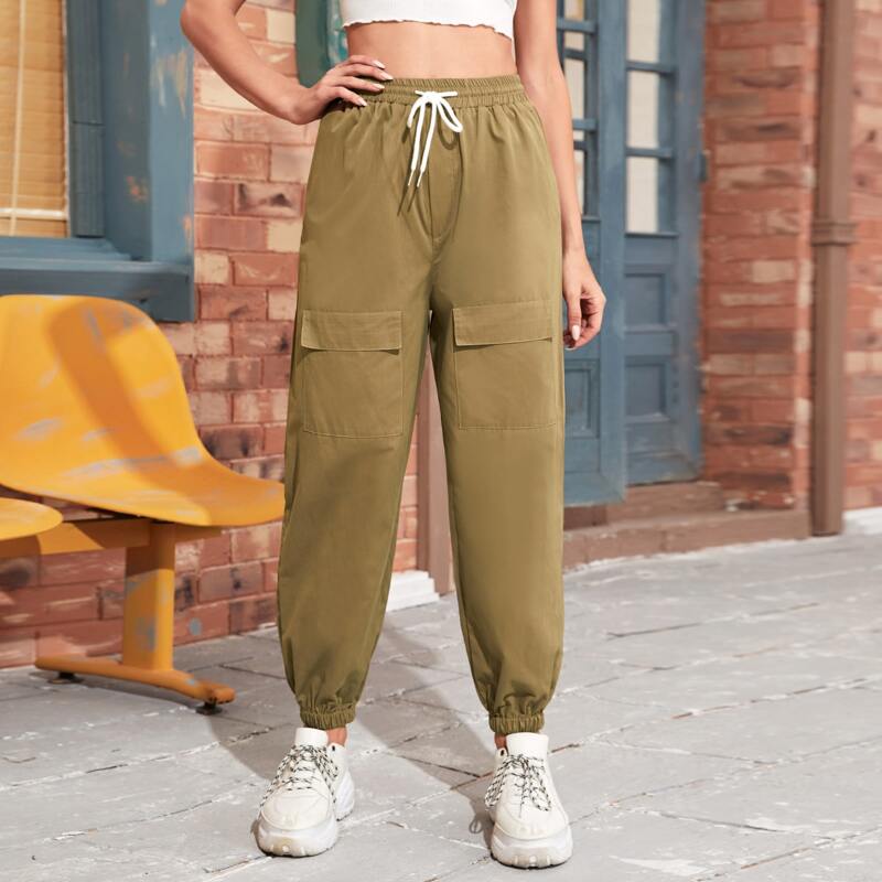 

Flap Pocket Drawstring Cargo Pants, Khaki