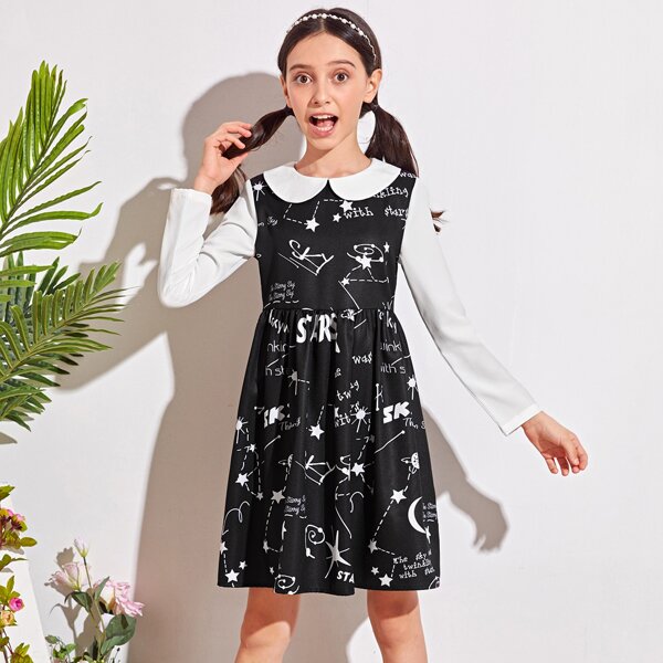 

Girls Peter Pan Collar Letter Graphic Dress, Black