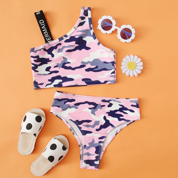 

Girls Camo Print Rib Bikini Swimsuit, Multicolor