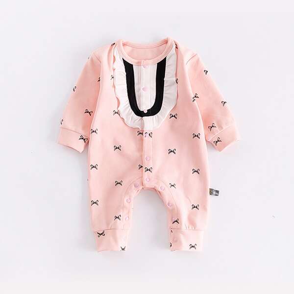 

Baby Girl Bow Print Contrast Panel Ruffle Jumpsuit, Baby pink