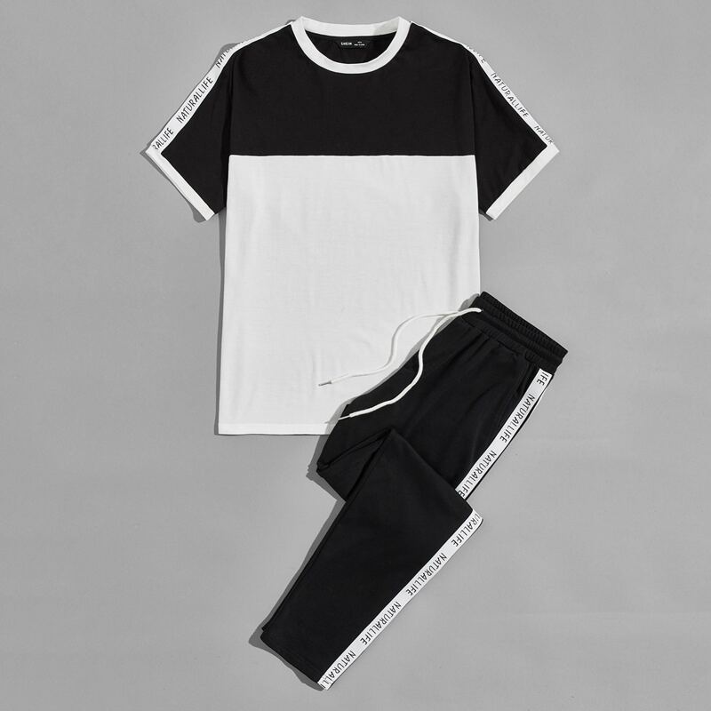 

Guys Colorblock Letter Tape Tee & Sweatpants Set, Black and white