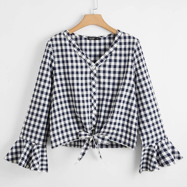 

Plus Button Front Tie Hem Gingham Top, Multicolor