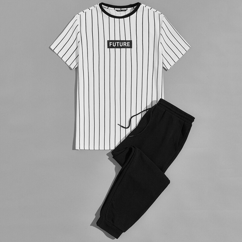 

Guys Letter Graphic Striped Tee & Sweatpants Set, Black and white